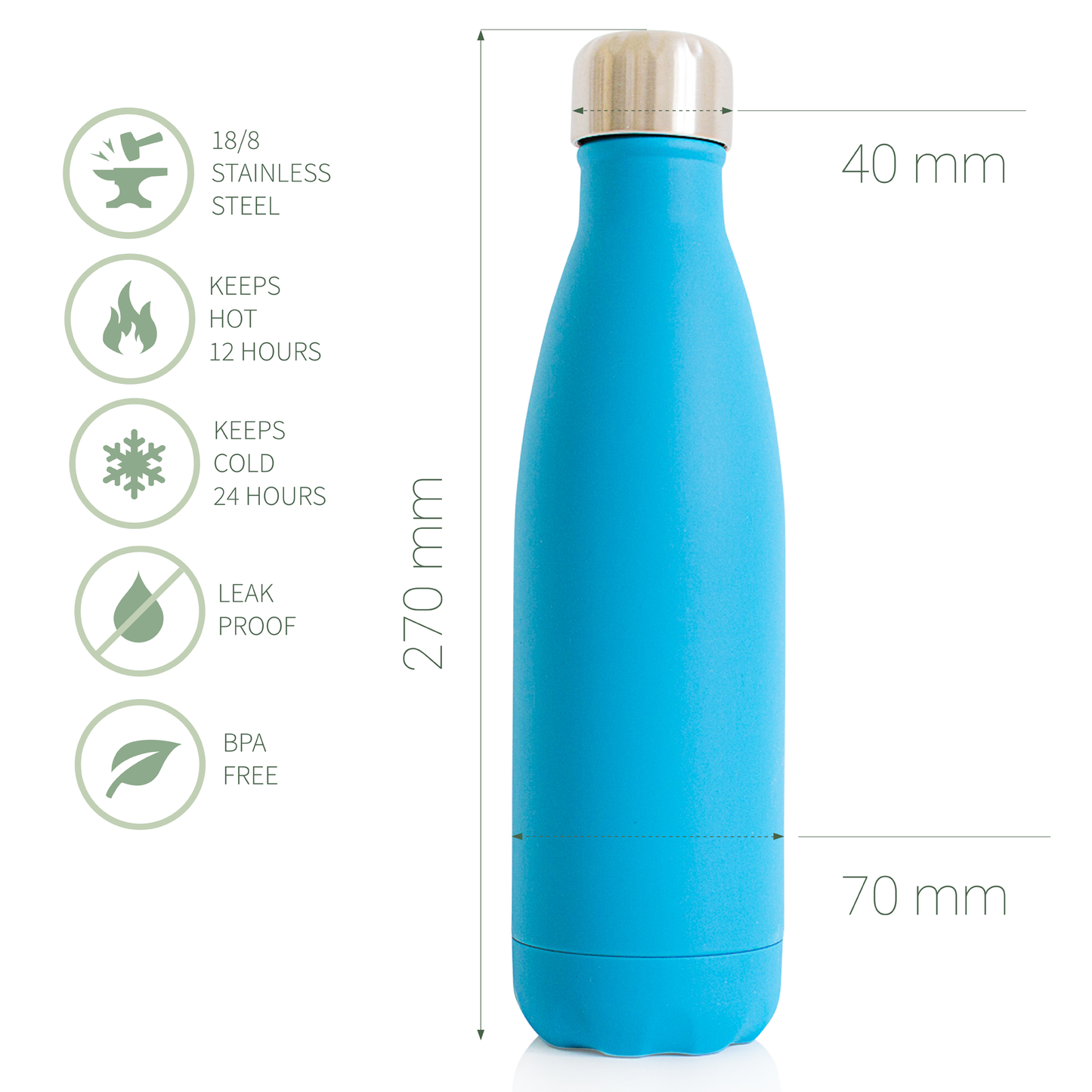 Water Bottle Premium Stainless Steel 18/8  - 500ml -  Blue - Eco Kindly