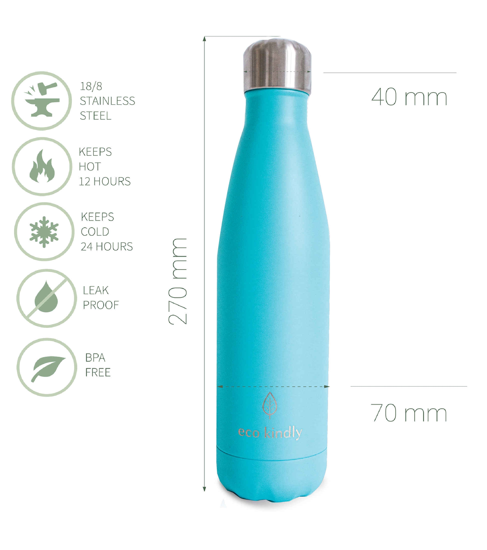 Water Bottle Premium Stainless Steel 18/8  - 500ml - Turquoise - Eco Kindly