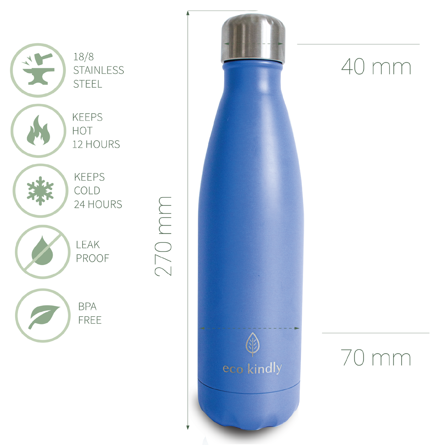 Water Bottle Premium Stainless Steel 18/8  - 500ml - Royal Blue - Eco Kindly